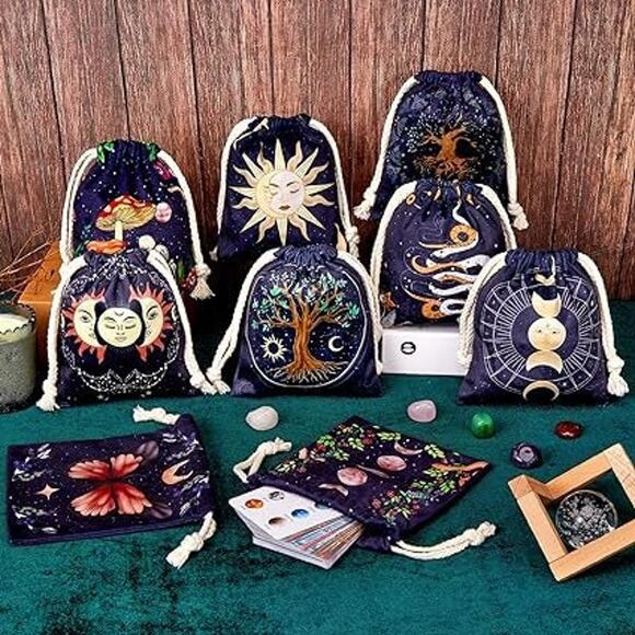 Set Of 9 Drawstring Velvet Tarot Bags | Oracle Cards Bags | Keepsake Bag | - Picture 1 of 3